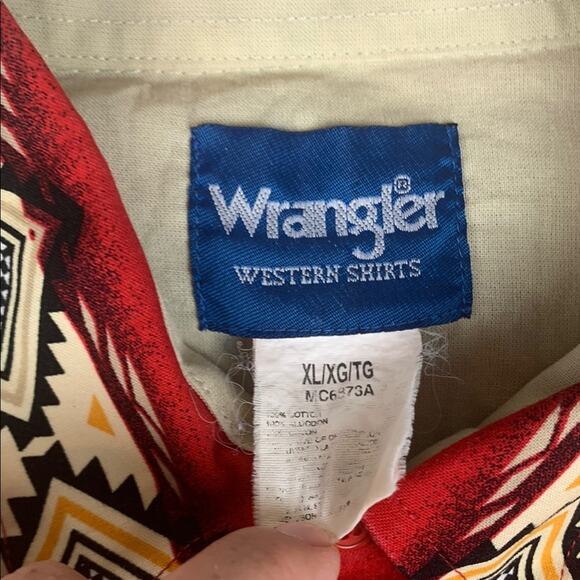 Wrangler mens XL vintage pearl snap Western Short sleeve button Red Cream Design - Picture 3 of 8